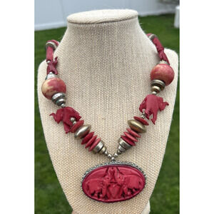 Vintage Hand Carved Elephant Necklace Painted African Fetish Wood? Red Silver
